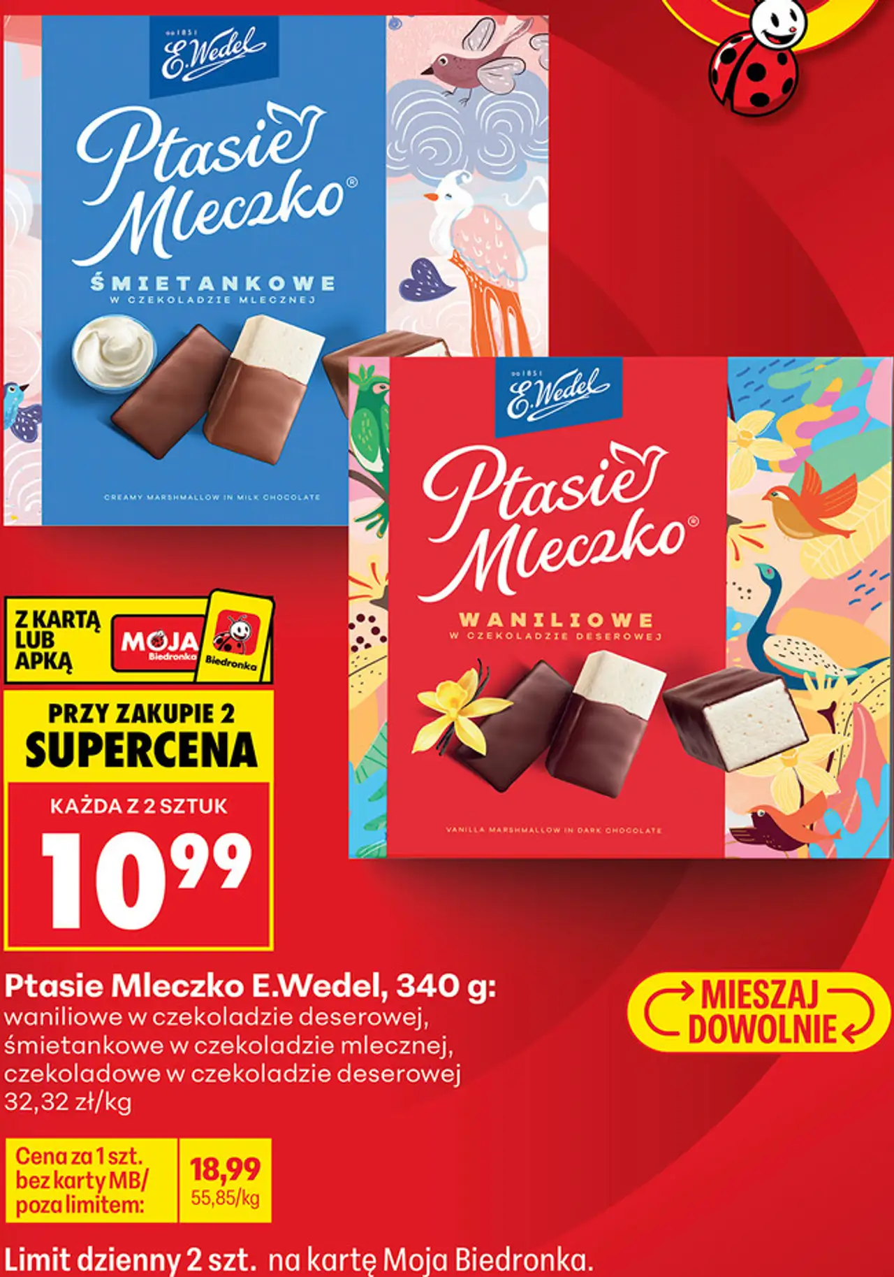 Ptasie Mleczko E.Wedel, 340 g: waniliowe w czekoladzie deserowej, śmietankowe w czekoladzie mlecznej, czekoladowe w czekoladzie deserowej