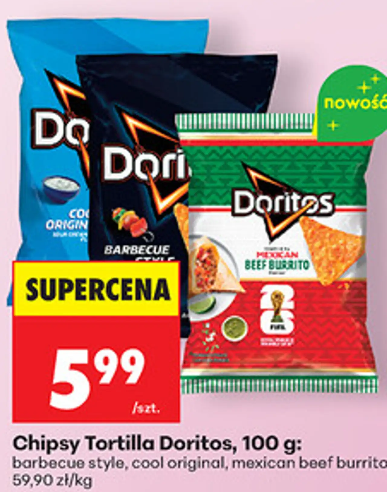 Chipsy Tortilla Doritos, 100 g: barbecue style, cool original, mexican beef burrito