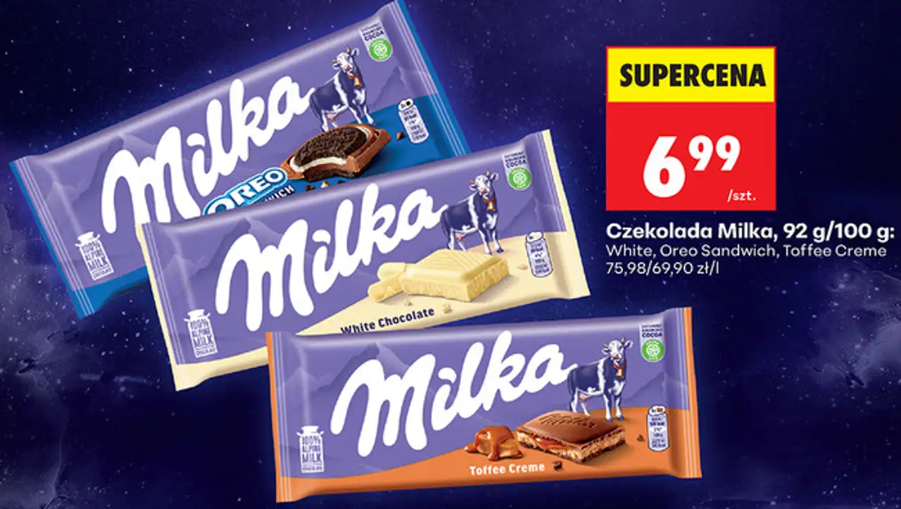 Czekolada Milka, 92 g/100 g: White, Oreo Sandwich, Toffee Creme