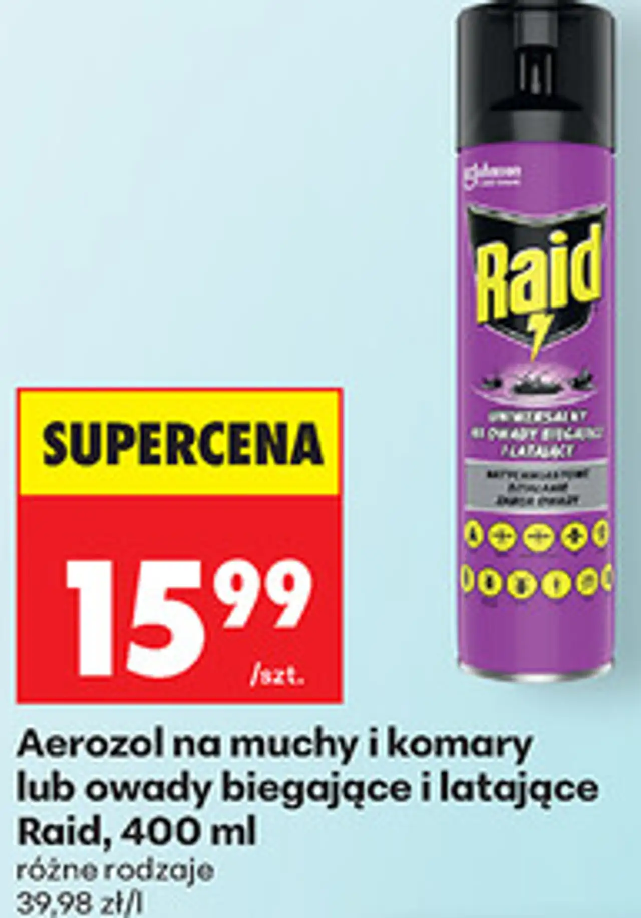 Aerozol na muchy i komary lub owady biegające i latające Raid, 400 ml różne rodzaje