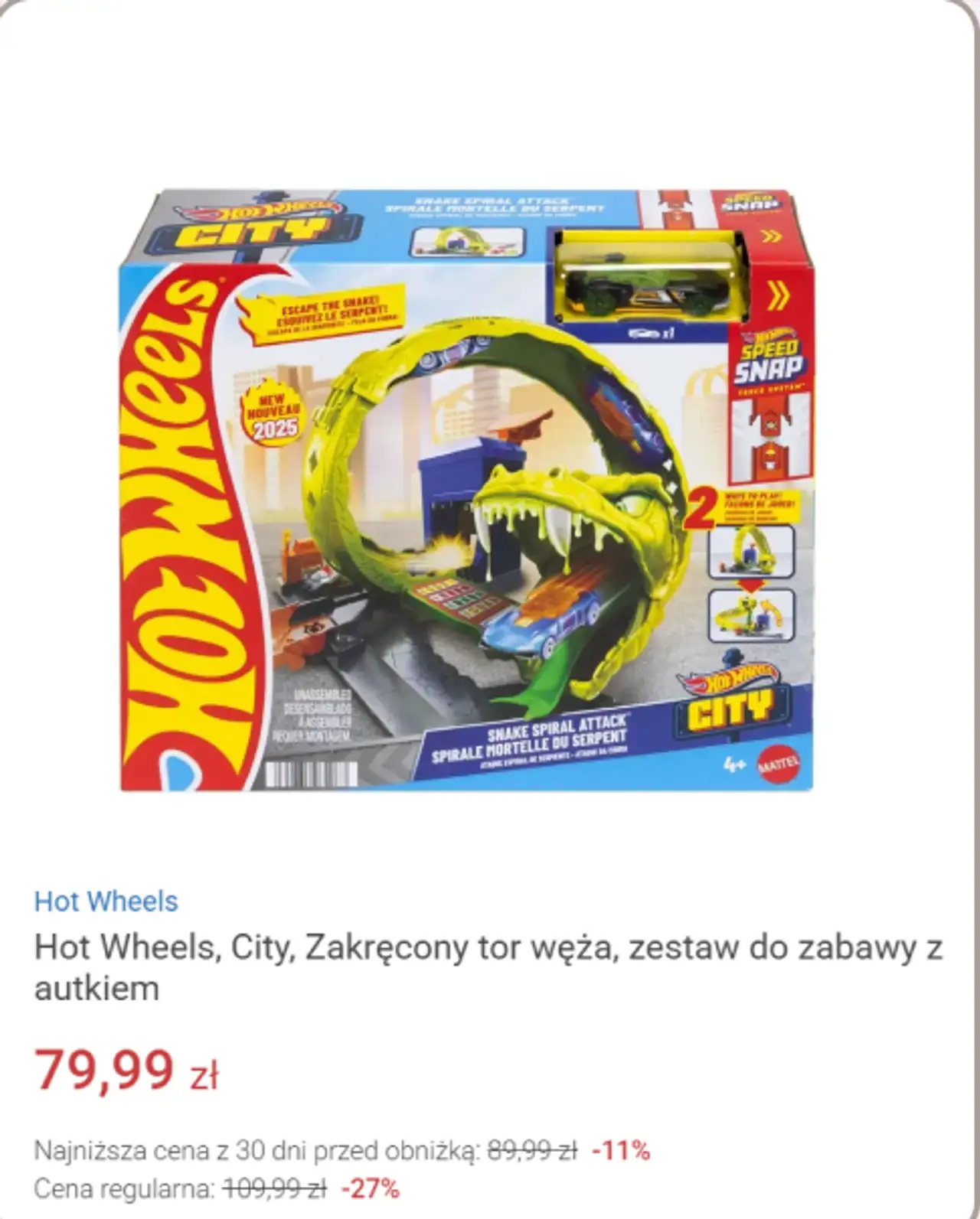 Hot Wheels, City, Zakręcony tor węża, zestaw do zabawy z autkiem