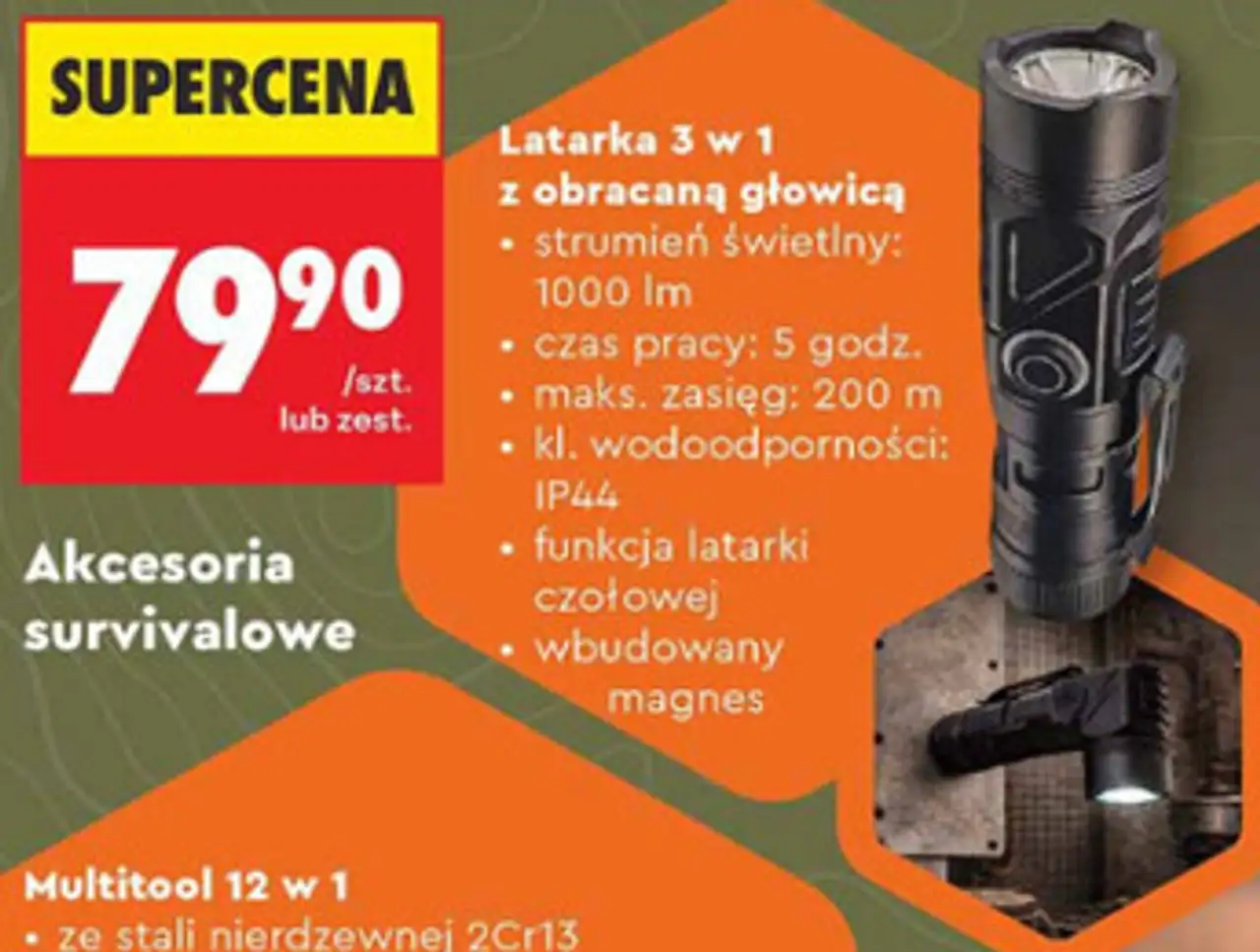 WILD TREK Akcesoria survivalowe Latarka 3 w 1 z obracaną głowicą