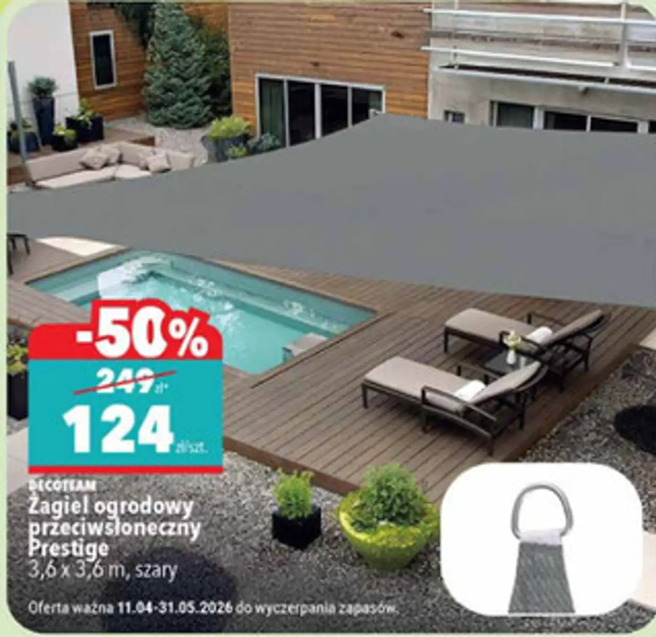 Żagiel ogrodowy przeciwsłoneczny Prestige 3,6 x 3,6 m, szary