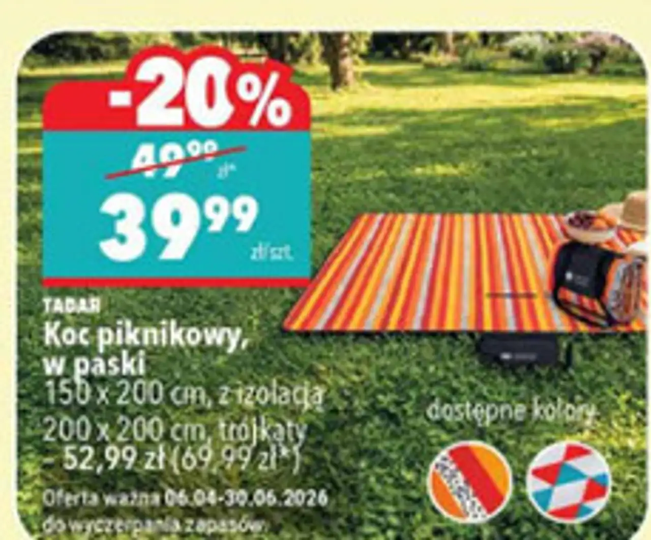 Koc piknikowy w paski 150 x 200 cm, z izolacją, 200 x 200 cm, trójkąty 52,99 zł (69,99 zł) TADAR