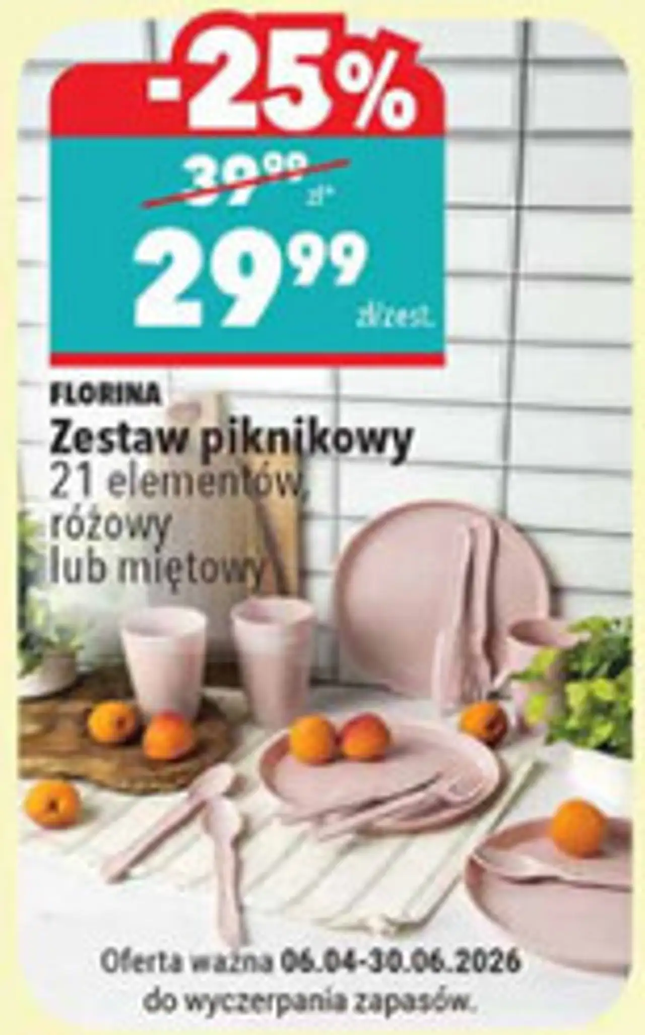 Zestaw piknikowy 21 elementów, różowy lub miętowy FLORINA
