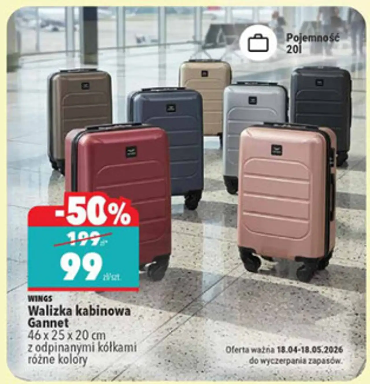Walizka kabinowa Gannet 46 x 25 x 20 cm z odpinanymi kółkami różne kolory WINGS