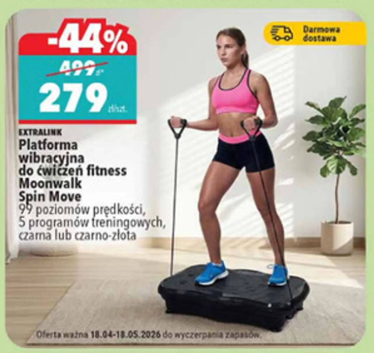 EXTRALINK Platforma wibracyjna do ćwiczeń fitness Moonwalk Spin Move 99 poziomów prędkości, 5 programów treningowych, czarna lub czarno-złota