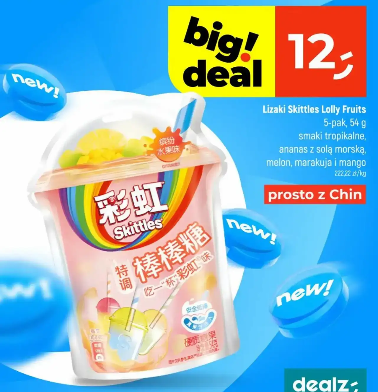 Lizaki Skittles Lolly Fruits 5-pak, 54 g smaki tropikalne, ananas z solą morską, melon, marakuja i mango