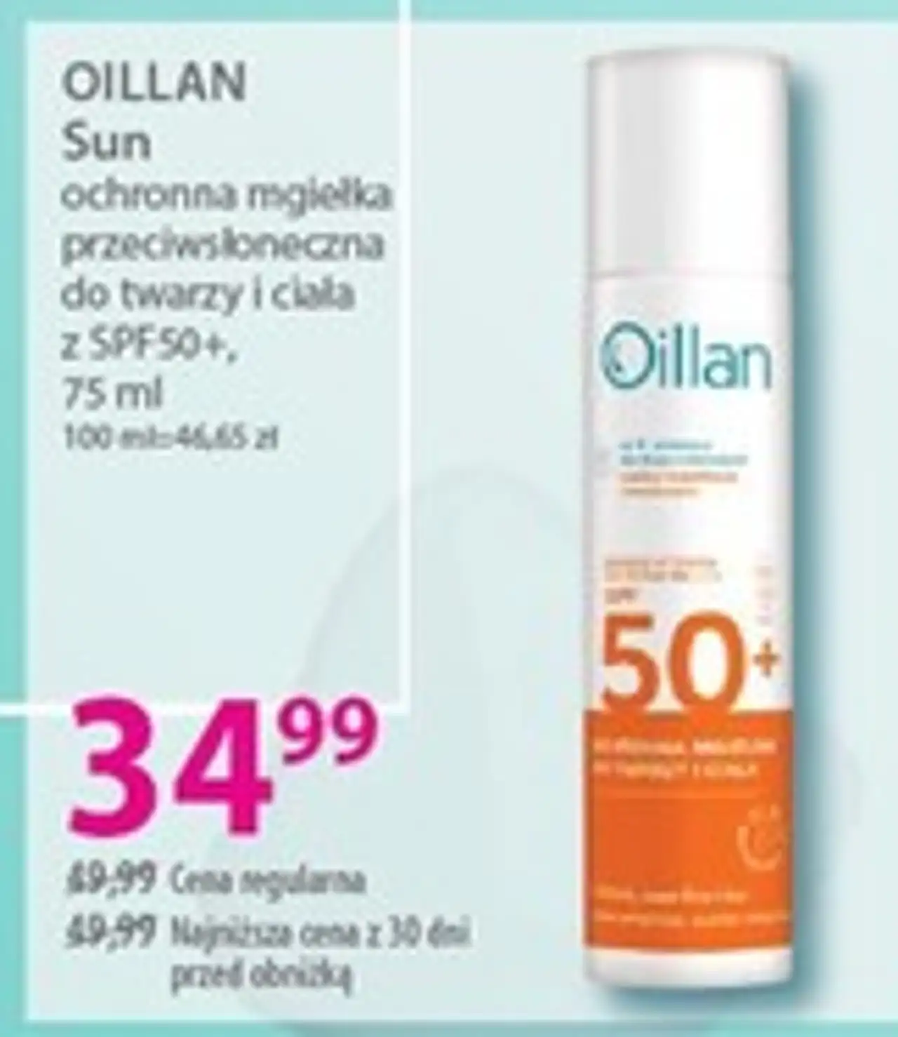OILLAN Sun ochronna mgiełka przeciwsłoneczna do twarzy i ciała z SPF50+, 75 ml