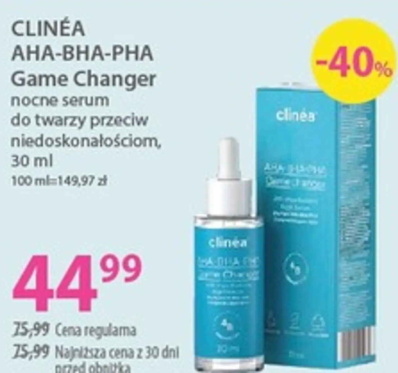 CLINÉA AHA-BHA-PHA Game Changer nocne serum do twarzy przeciw niedoskonałościom, 30 ml