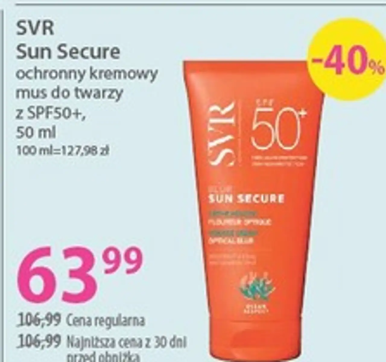 SVR Sun Secure ochronny kremowy mus do twarzy z SPF50+, 50 ml