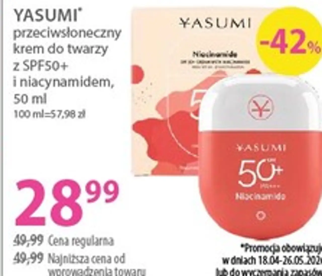 YASUMI* przeciwsłoneczny krem do twarzy z SPF50+ i niacynamidem, 50 ml