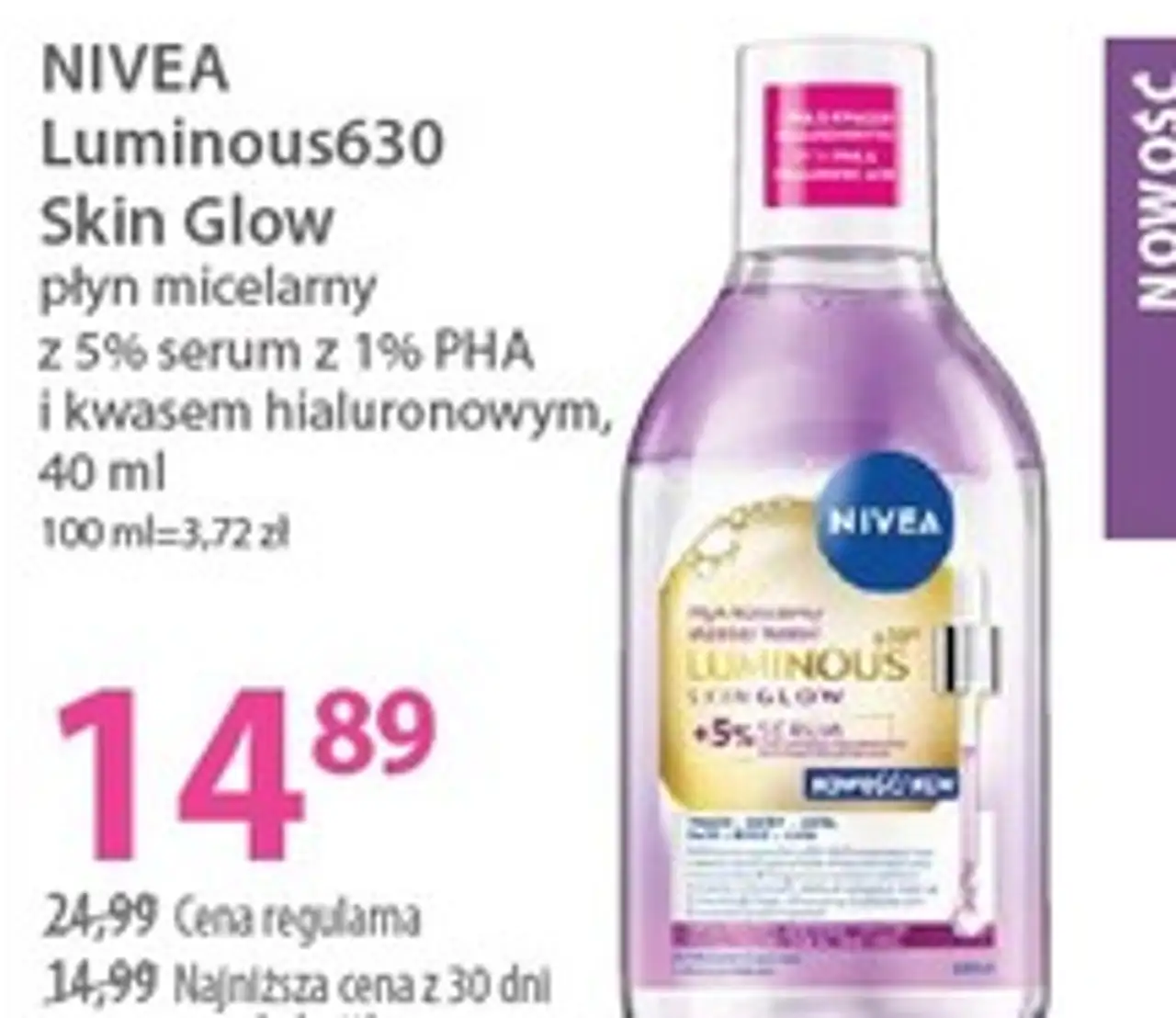 NIVEA Luminous630 Skin Glow płyn micelarny z 5% serum z 1% PHA i kwasem hialuronowym, 40 ml