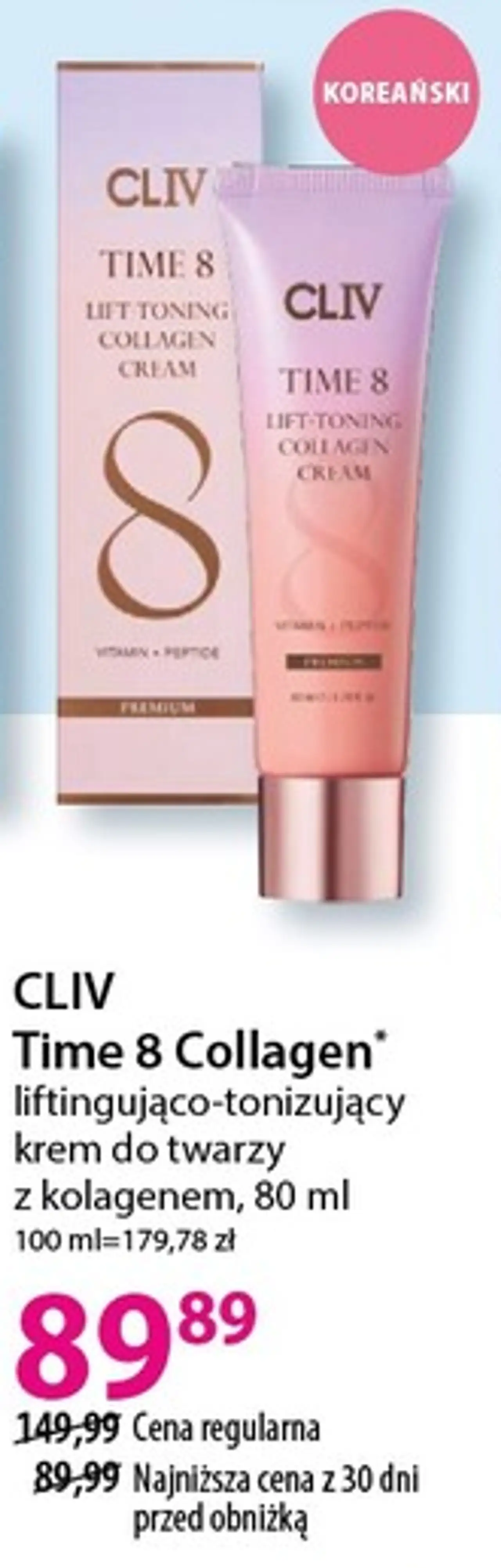 CLIV Time 8 Collagen liftingująco-tonizujący krem do twarzy z kolagenem, 80 ml