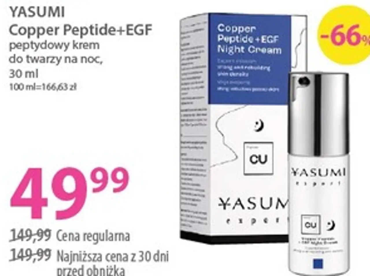 YASUMI Copper Peptide+EGF peptydowy krem do twarzy na noc, 30 ml