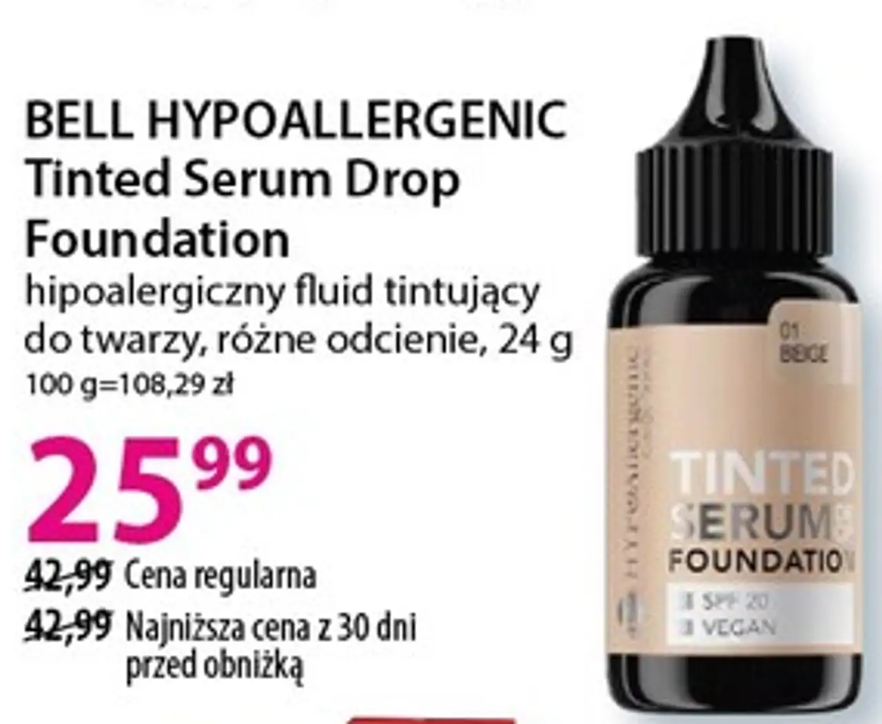 BELL HYPOALLERGENIC Tinted Serum Drop Foundation hipoalergiczny fluid tintujący do twarzy, różne odcienie, 24 g