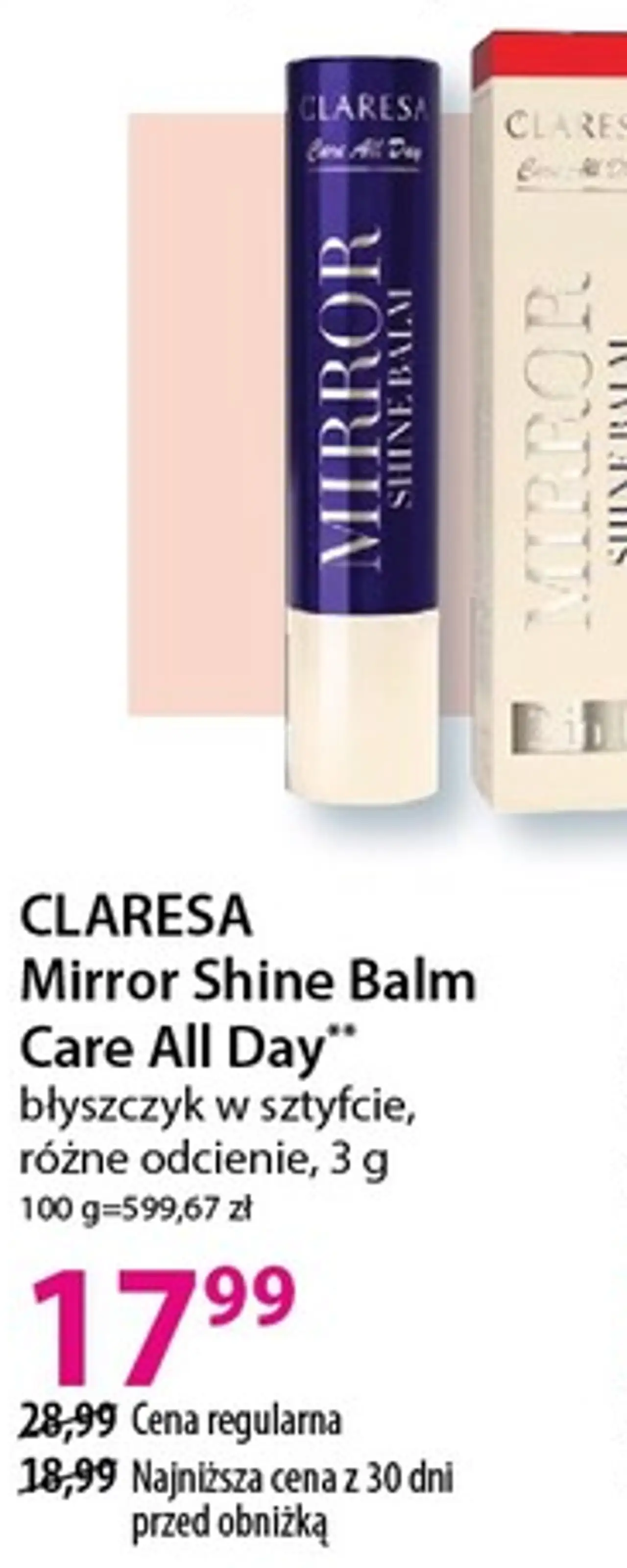 CLARESA Mirror Shine Balm Care All Day** błyszczyk w sztyfcie, różne odcienie, 3 g