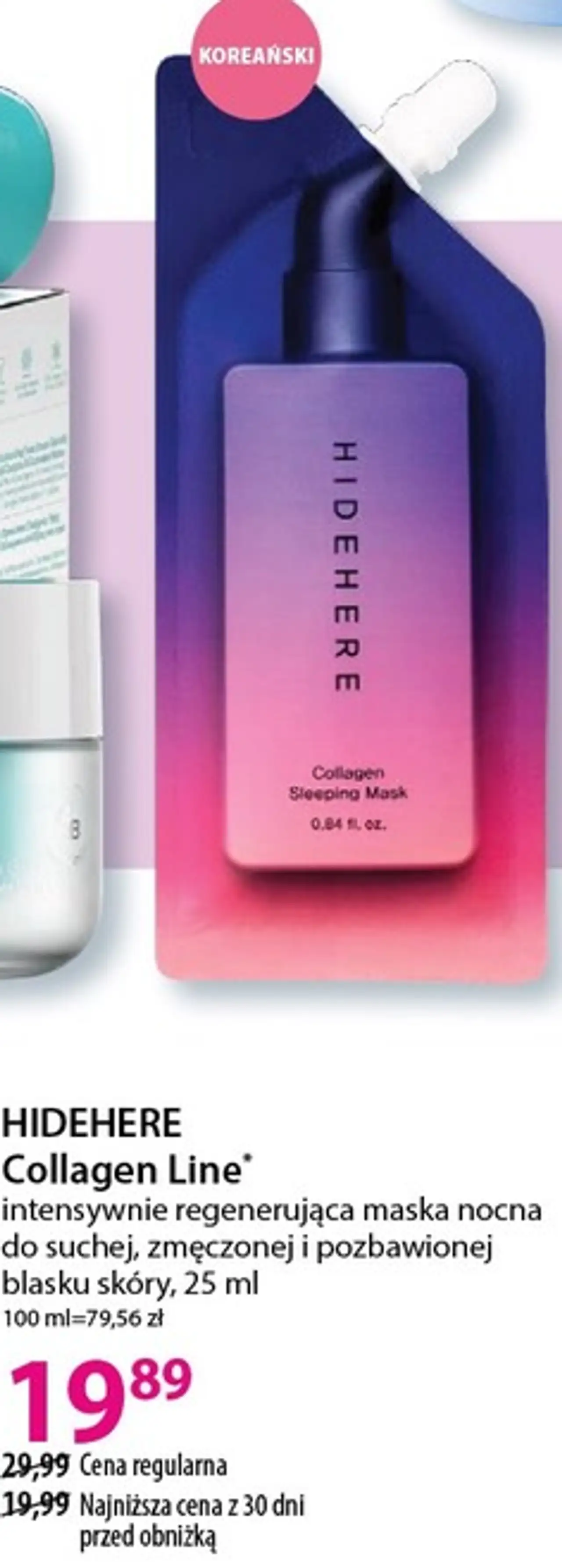 HIDEHERE Collagen Line intensywnie regenerująca maska nocna do suchej, zmęczonej i pozbawionej blasku skóry, 25 ml