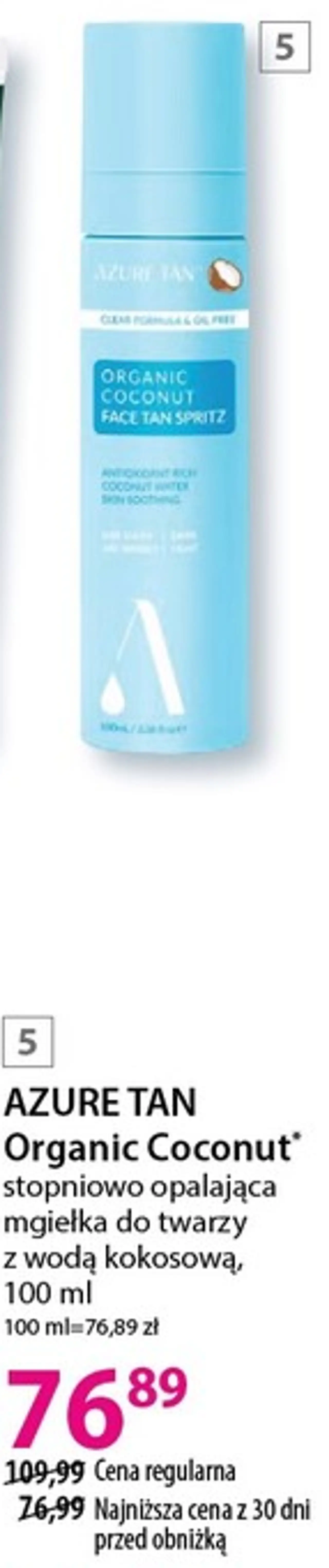 AZURE TAN Organic Coconut stopniowo opalająca mgiełka do twarzy z wodą kokosową, 100 ml