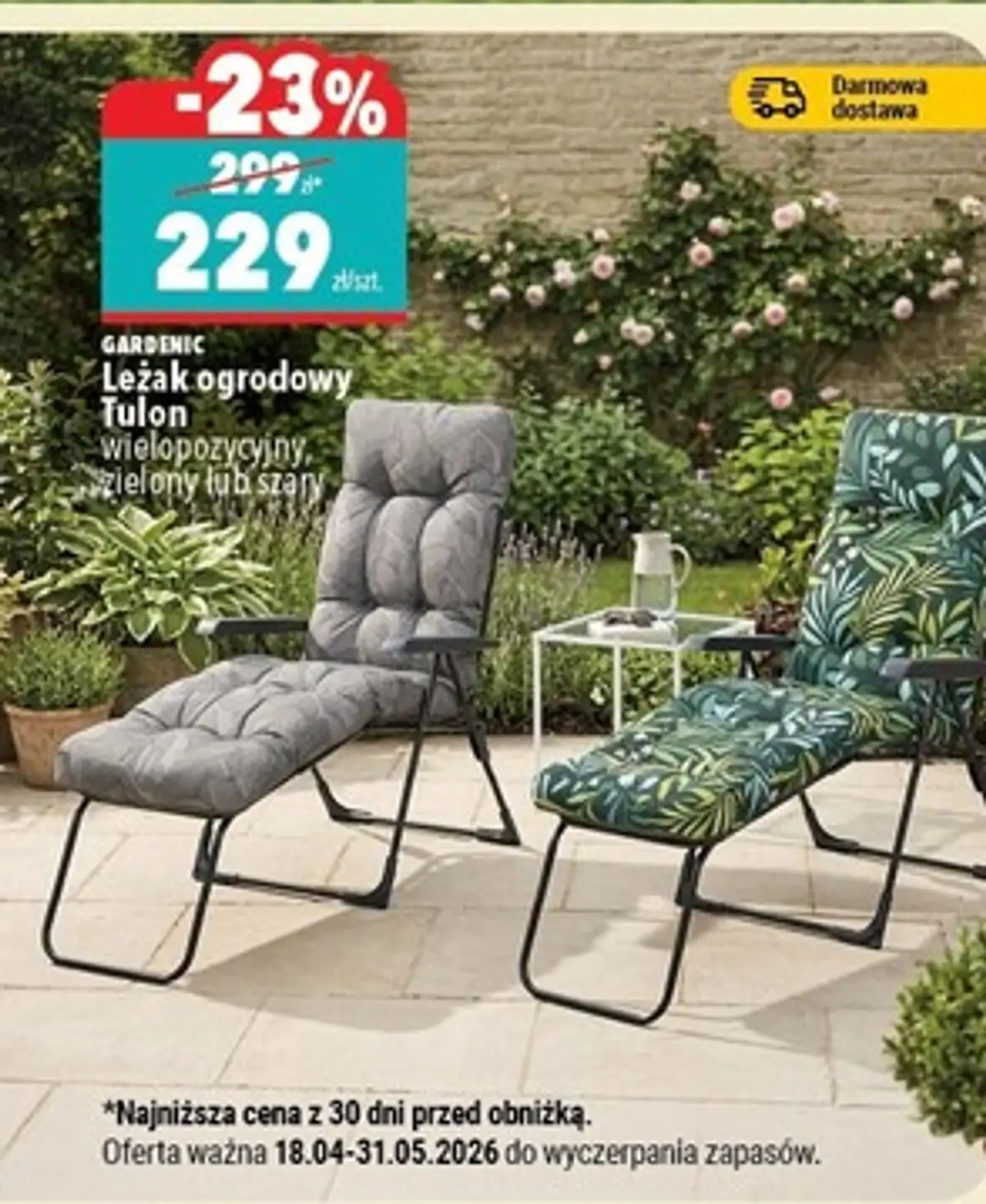 GARDENIC Leżak ogrodowy Tulon wielopozycyjny, zielony lub szary