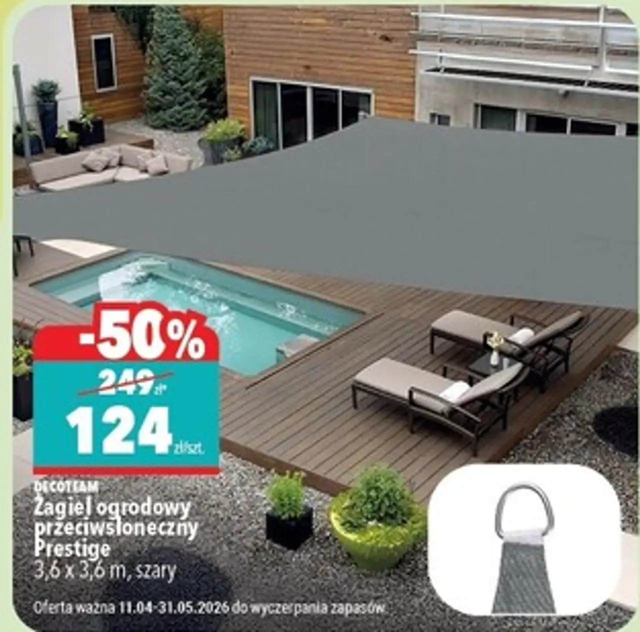 Żagiel ogrodowy przeciwsłoneczny Prestige 3,6 x 3,6 m, szary DECOTEAM