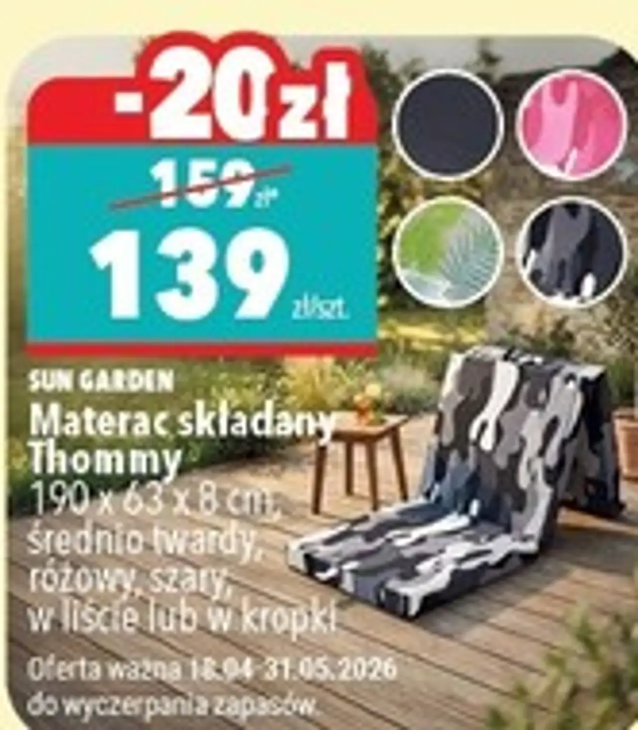 Materac składany Thommy 190 x 63 x 8 cm, średnio twardy, różowy, szary, w liście lub w kropki SUN GARDEN