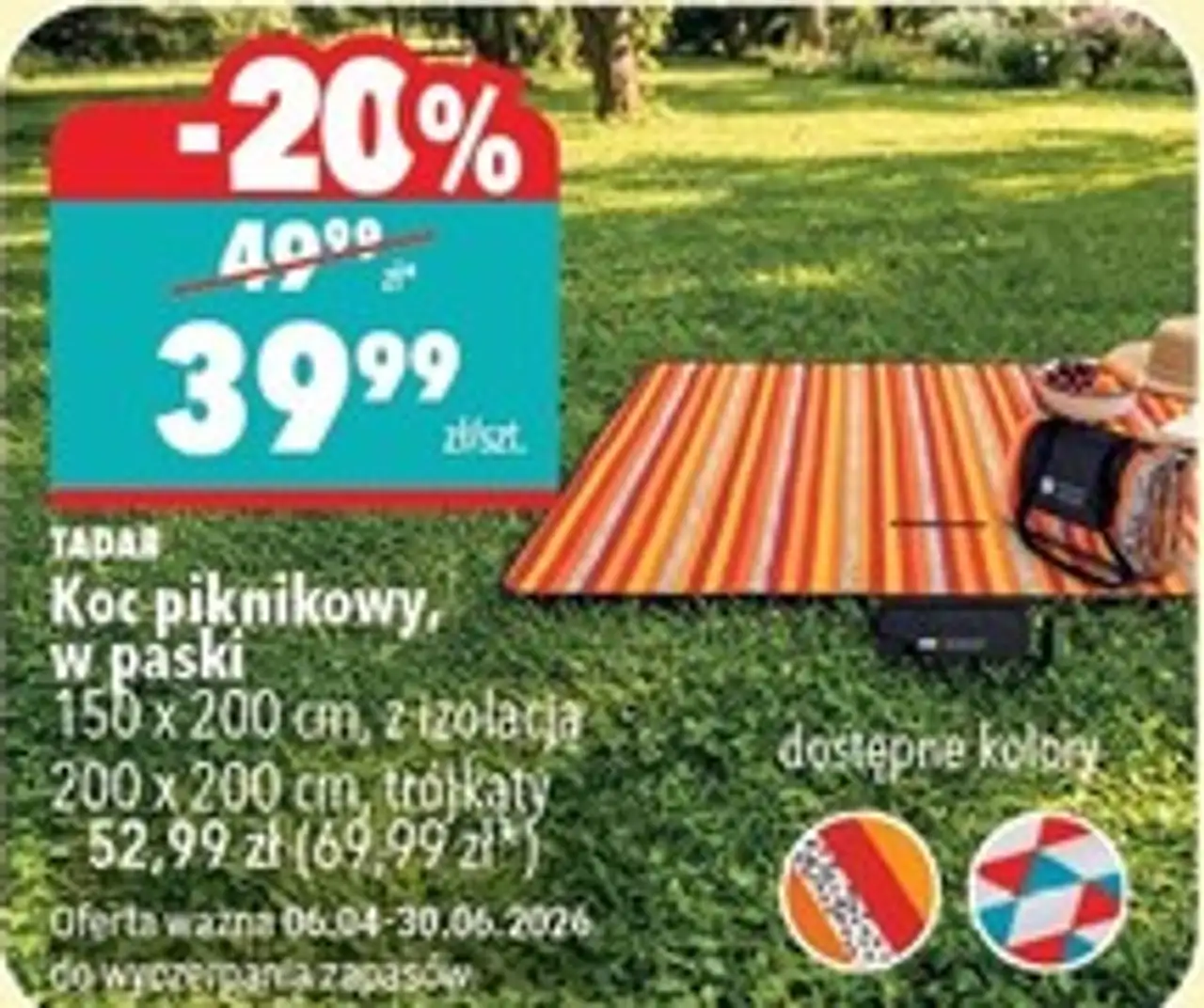 Koc piknikowy, w paski 150 x 200 cm, z izolacją TADAR