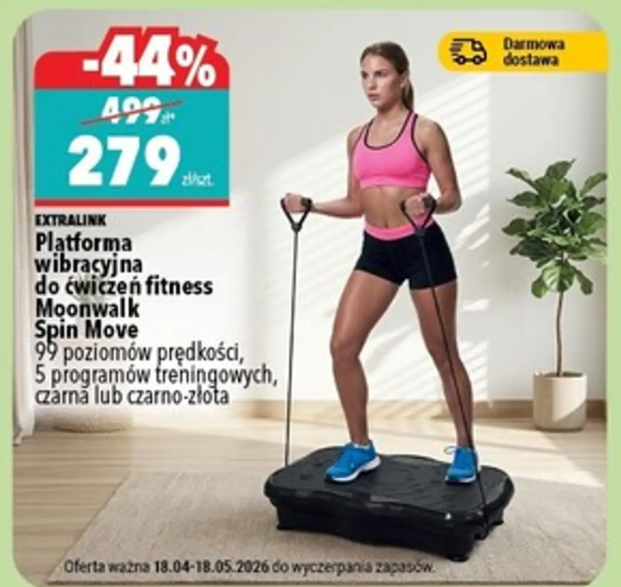 Platforma wibracyjna do ćwiczeń fitness Moonwalk Spin Move 99 poziomów prędkości, 5 programów treningowych, czarna lub czarno-złota