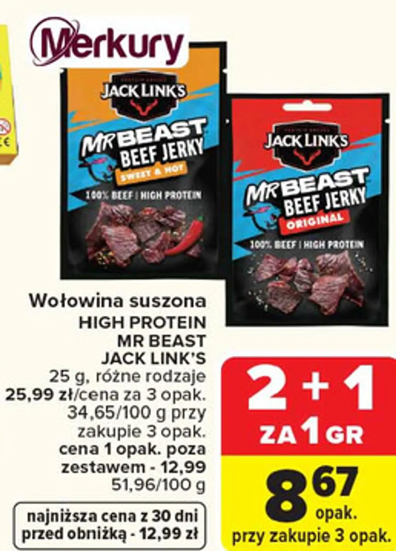 Wołowina suszona HIGH PROTEIN MR BEAST JACK LINK'S 25 g, różne rodzaje