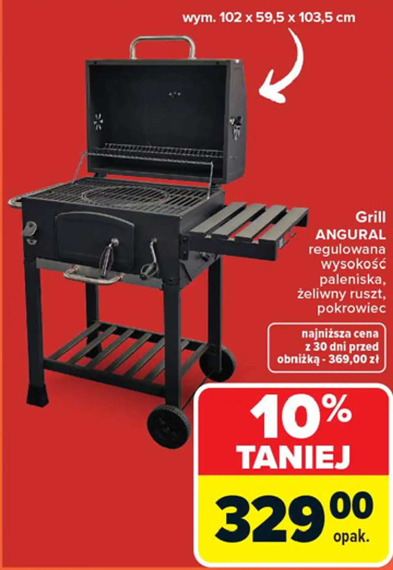 Grill ANGURAL regulowana wysokość paleniska, żeliwny ruszt, pokrowiec