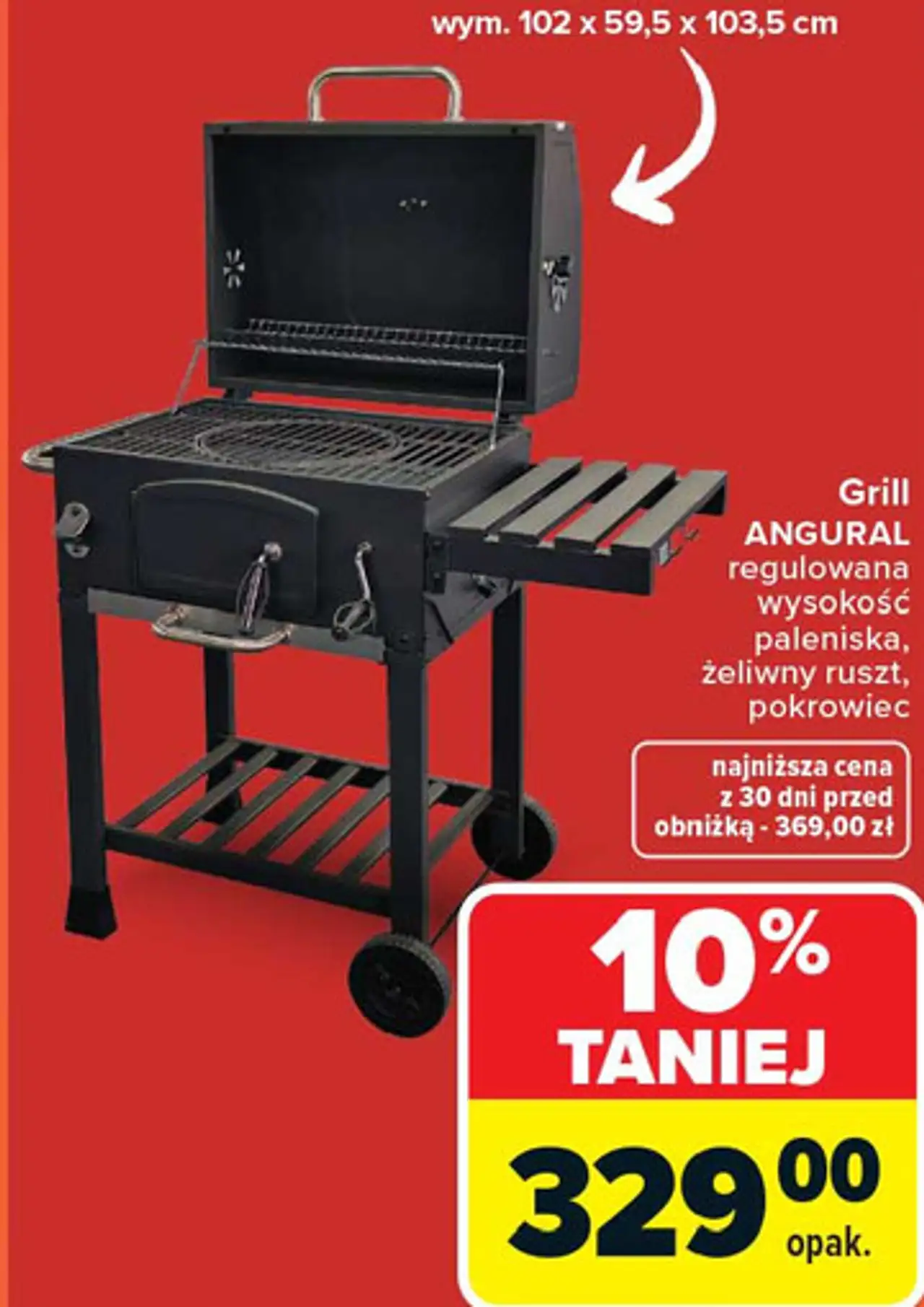 Grill ANGURAL regulowana wysokość paleniska, żeliwny ruszt, pokrowiec