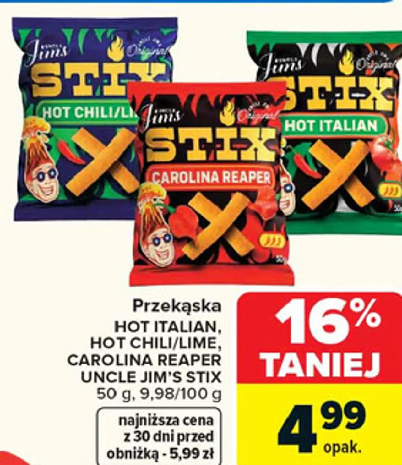 Przekąska HOT ITALIAN, HOT CHILI/LIME, CAROLINA REAPER UNCLE JIM'S STIX 50 g