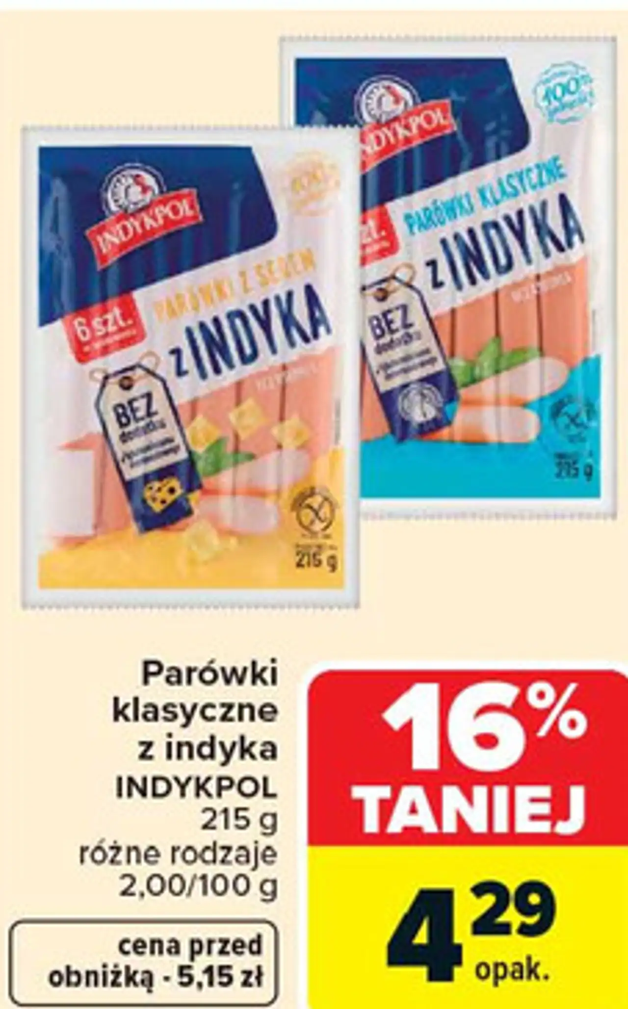 Parówki klasyczne z indyka INDYKPOL 215 g różne rodzaje