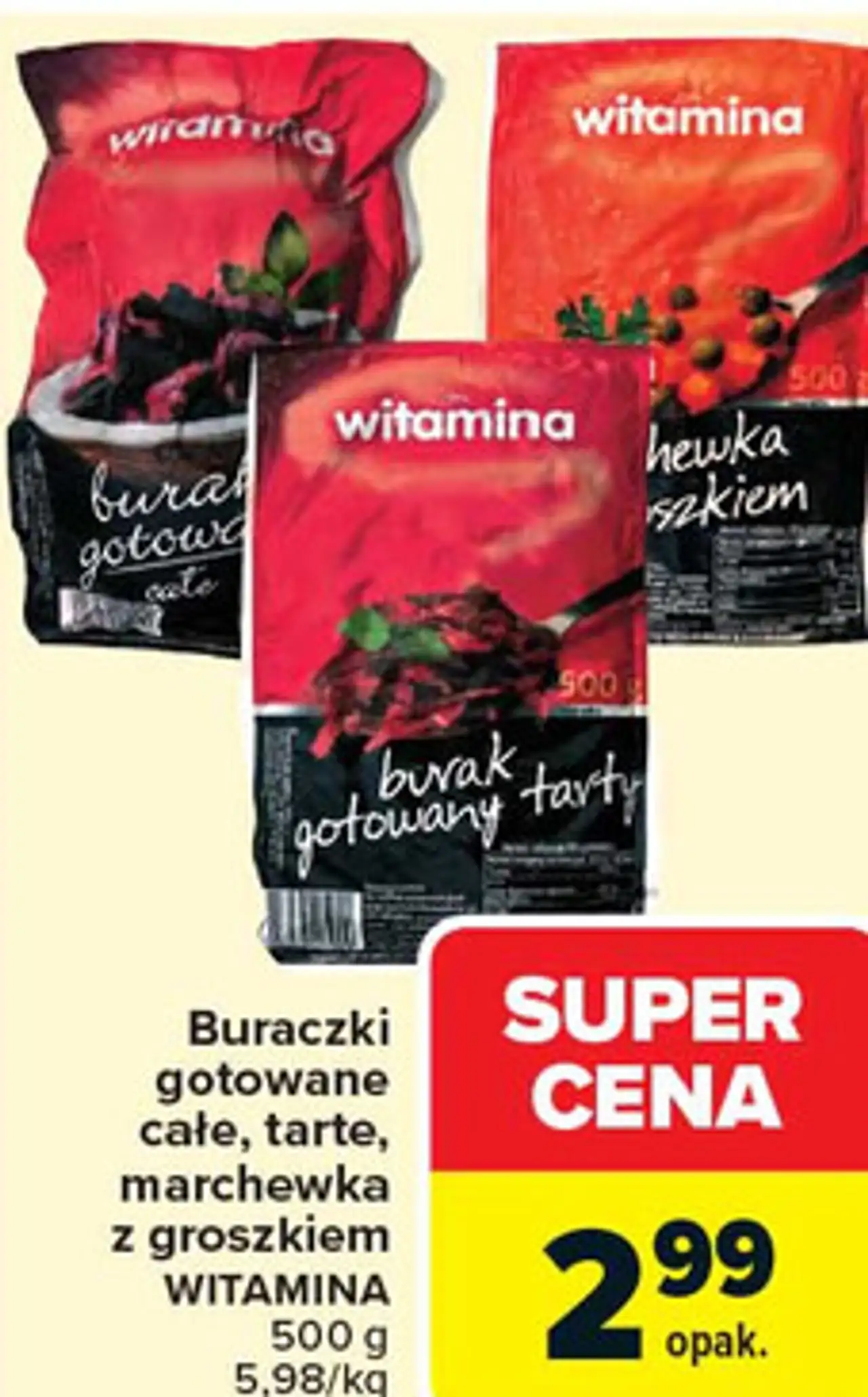 Buraczki gotowane całe, tarte, marchewka z groszkiem WITAMINA