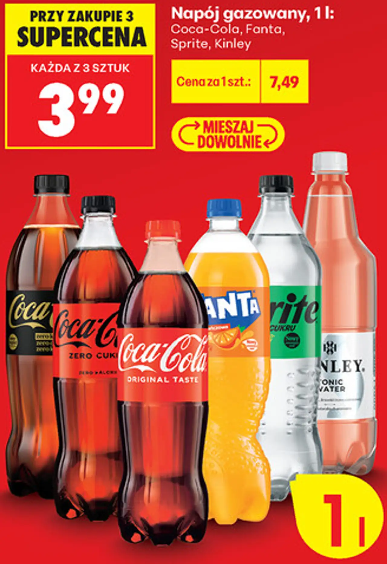 Napój gazowany, 1 l: Coca-Cola, Fanta, Sprite, Kinley