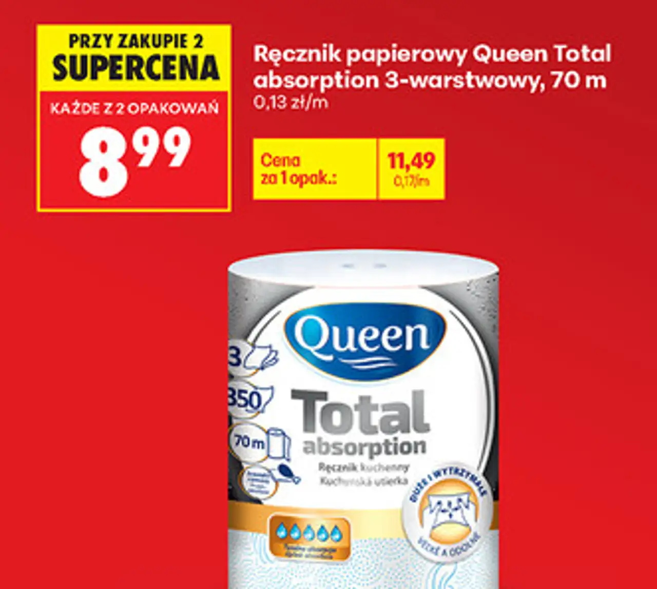 Ręcznik papierowy Queen Total absorption 3-warstwowy, 70 m