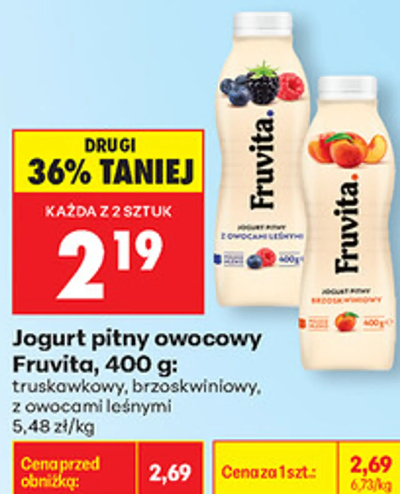 Jogurt pitny owocowy Fruvita, 400 g: truskawkowy, brzoskwiniowy, z owocami leśnymi