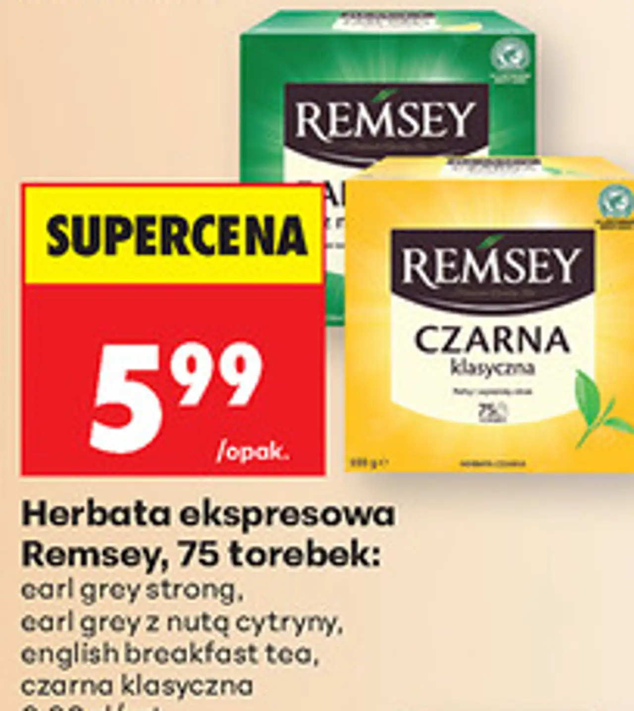 Herbata ekspresowa Remsey, 75 torebek: earl grey strong, earl grey z nutą cytryny, english breakfast tea, czarna klasyczna