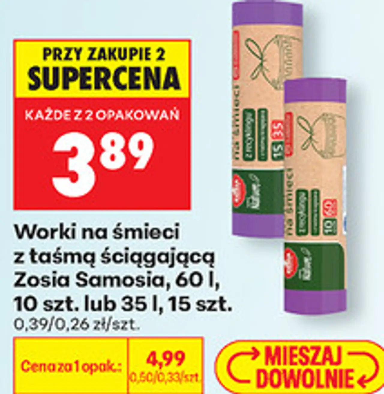 Worki na śmieci z taśmą ściągającą Zosia Samosia, 60 l, 10 szt. lub 35 l, 15 szt.