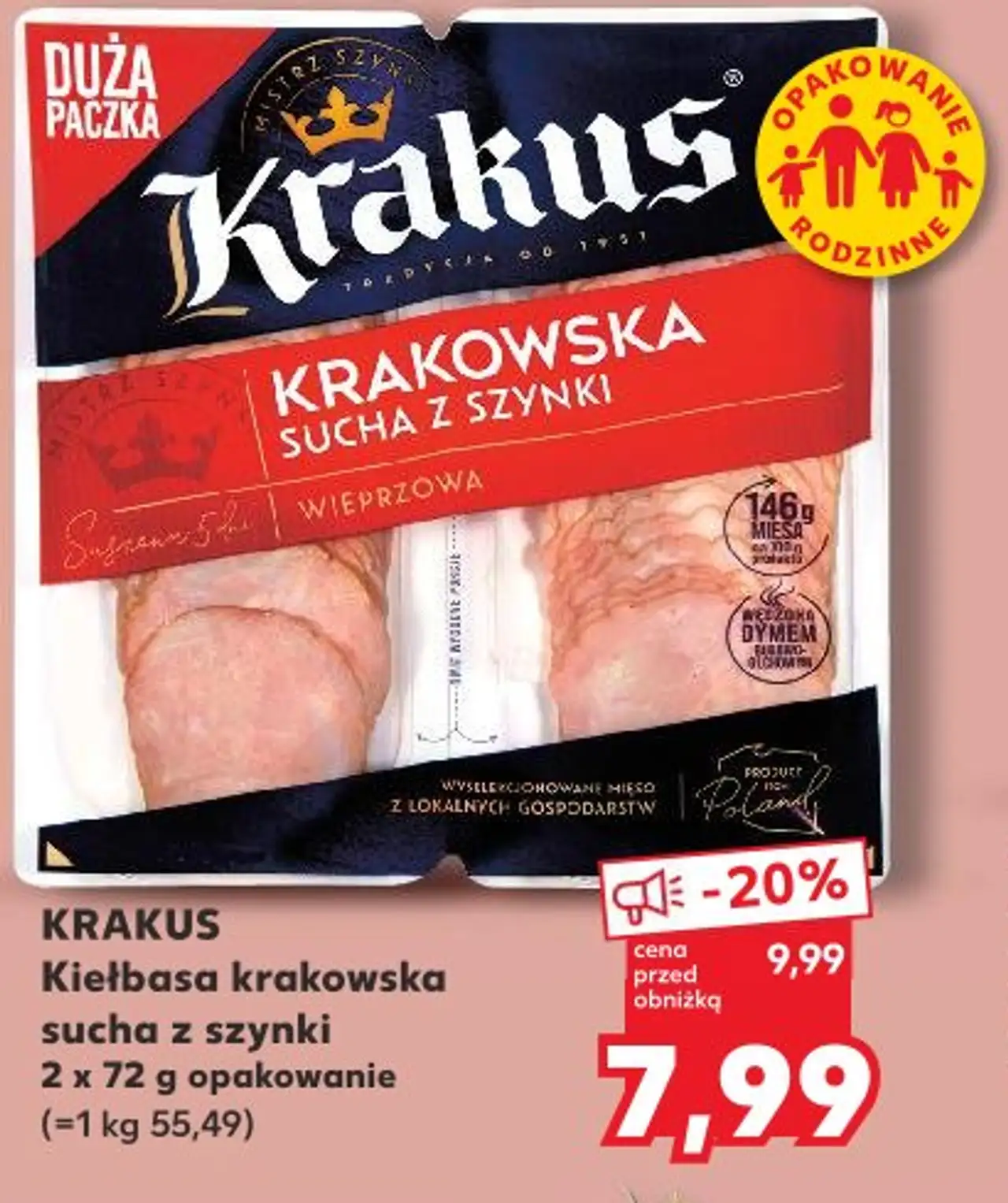 KRAKUS Kiełbasa krakowska sucha z szynki 2 x 72 g opakowanie