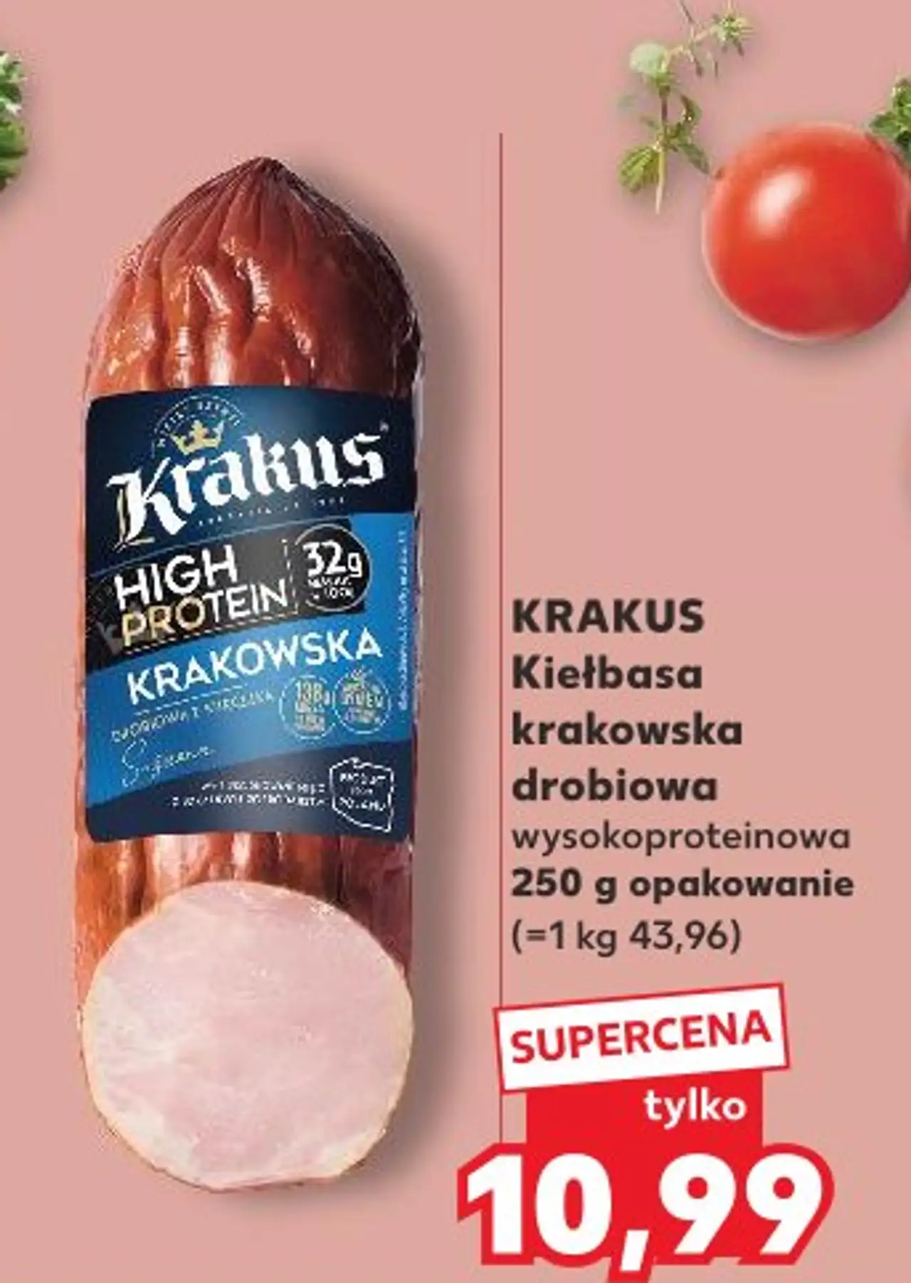 KRAKUS Kiełbasa krakowska drobiowa wysokoproteinowa 250 g opakowanie