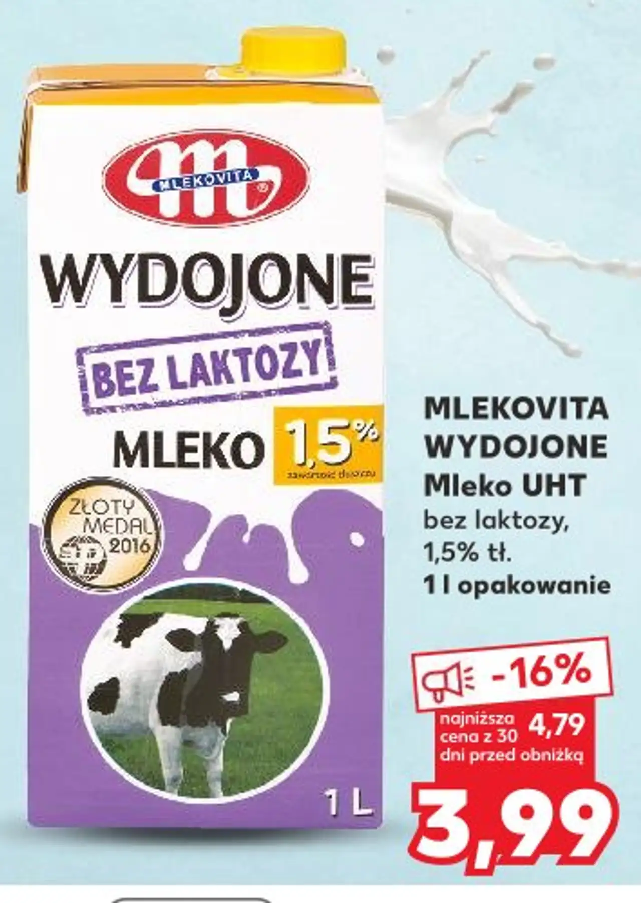 Mleko UHT bez laktozy, 1,5% tł. 1 l opakowanie MLEKOVITA WYDOJONE