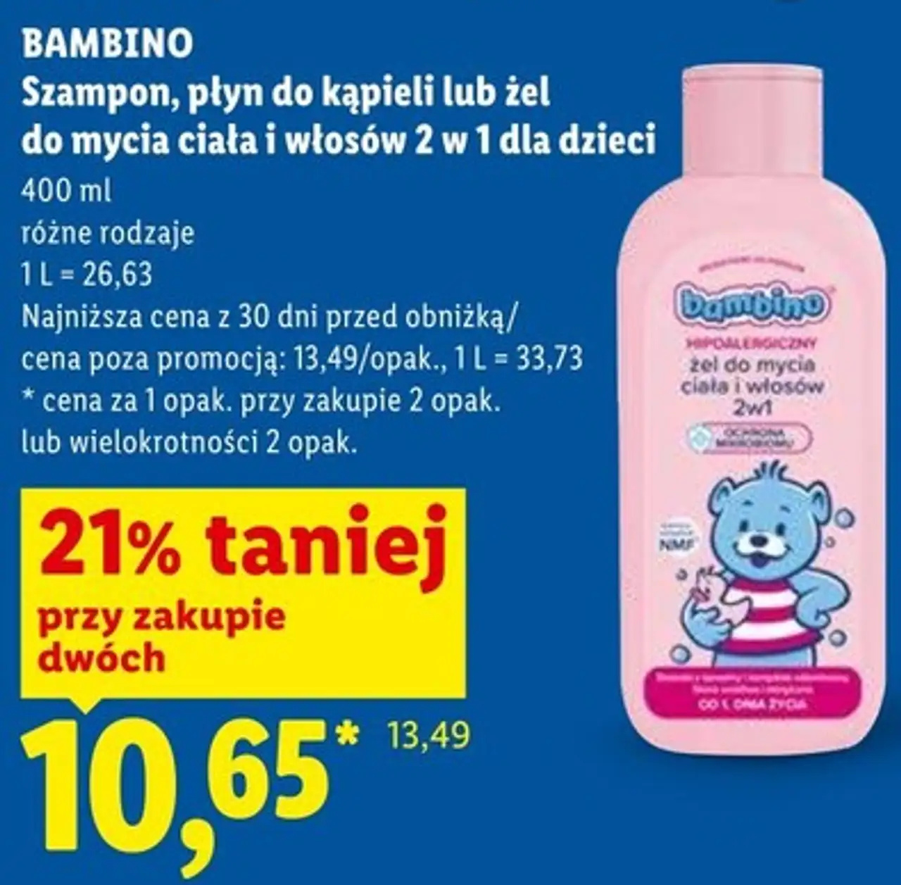 Szampon, płyn do kąpieli lub żel do mycia ciała i włosów 2 w 1 dla dzieci 400 ml BAMBINO