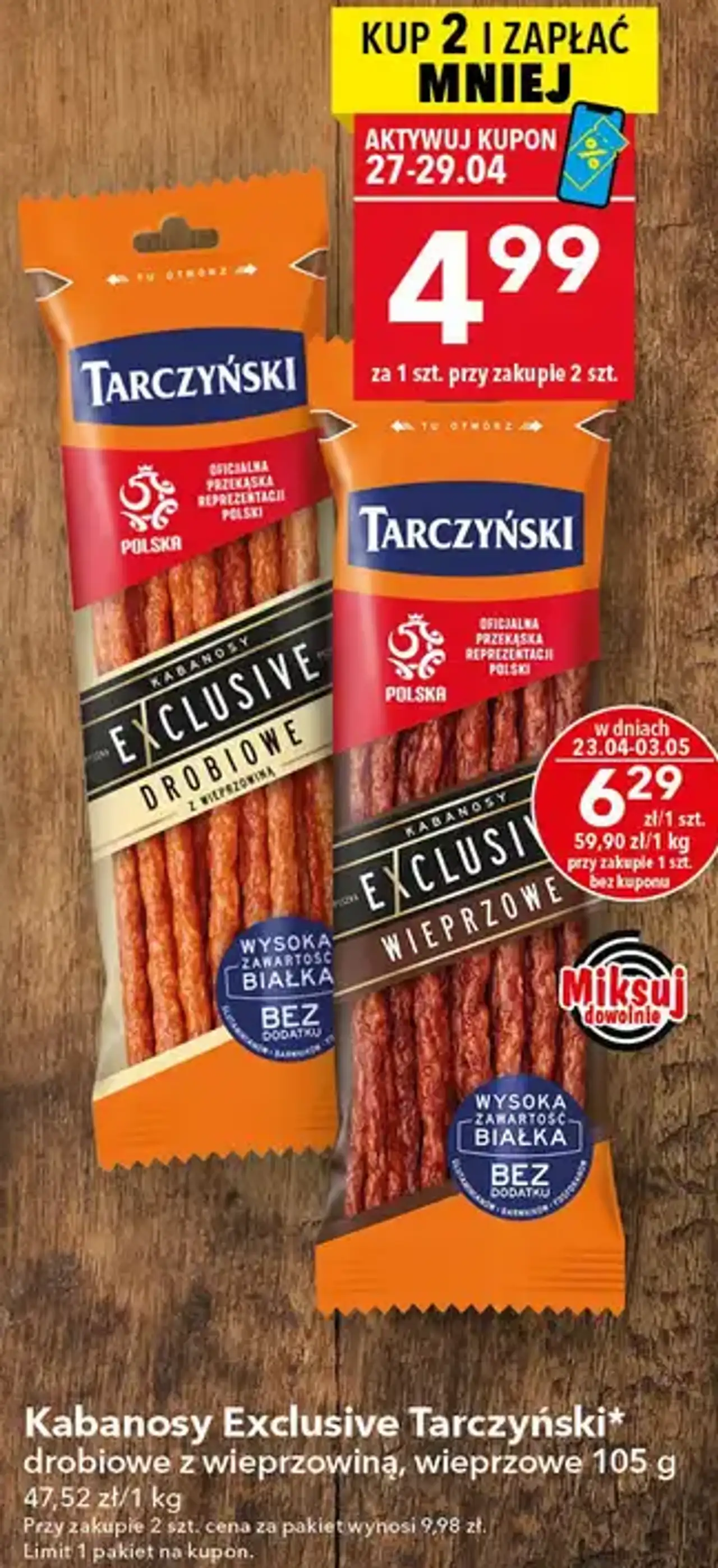 Kabanosy Exclusive Tarczyński drobiowe z wieprzowiną, wieprzowe 105 g