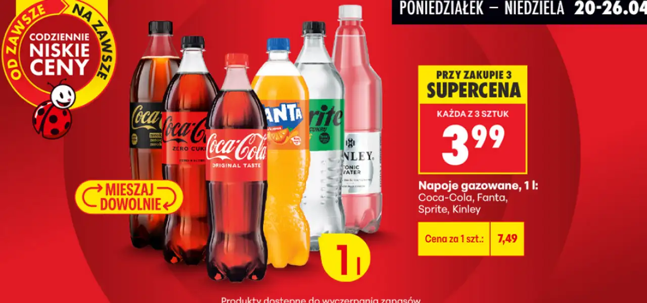 Napoje gazowane, 1 l: Coca-Cola, Fanta, Sprite, Kinley