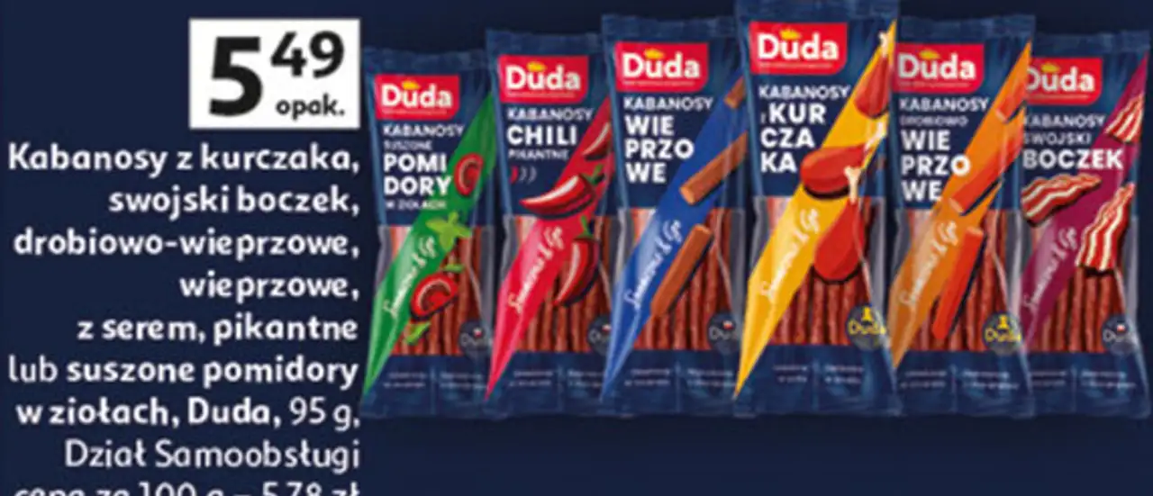 Kabanosy z kurczaka, swojski boczek, drobiowo-wieprzowe, wieprzowe, z serem, pikantne lub suszone pomidory w ziołach, Duda