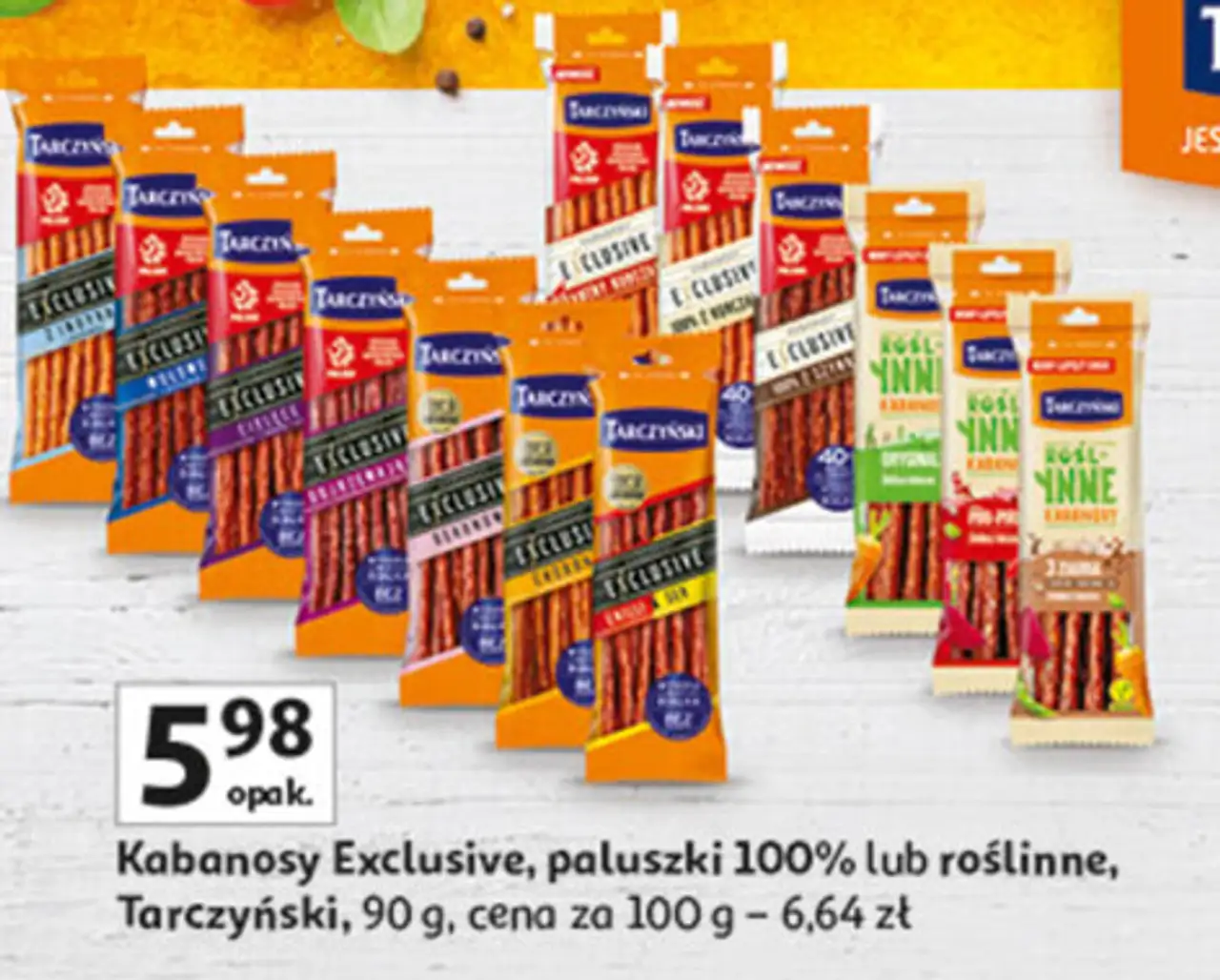 Kabanosy Exclusive, paluszki 100% lub roślinne, Tarczyński, 90 g