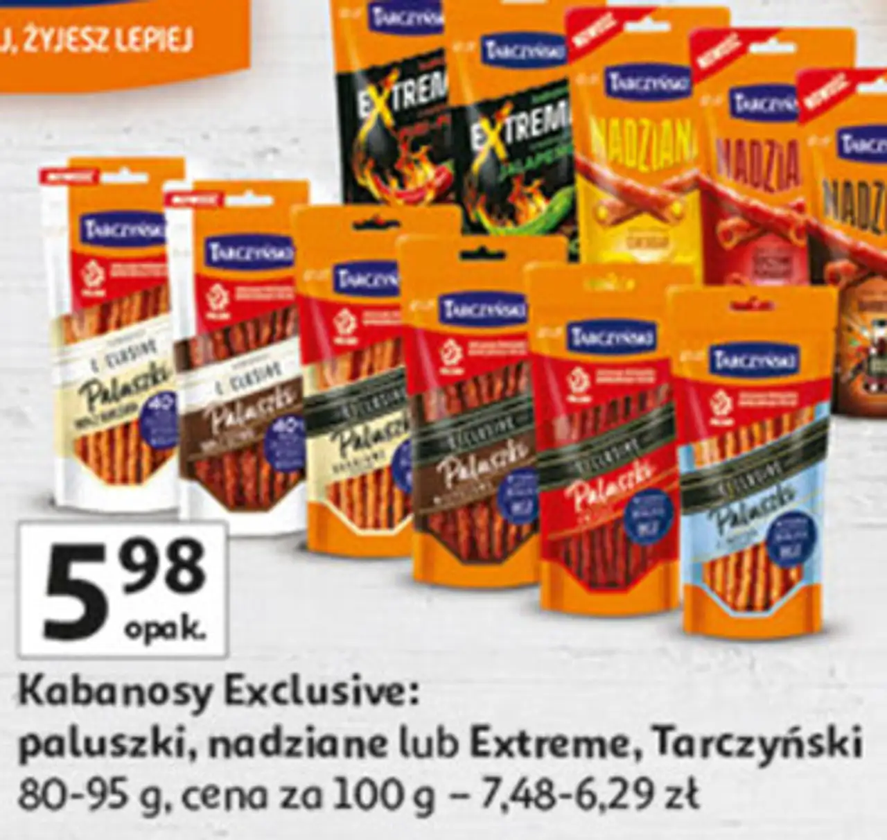 Kabanosy Exclusive: paluszki, nadziane lub Extreme, Tarczyński, 80-95 g