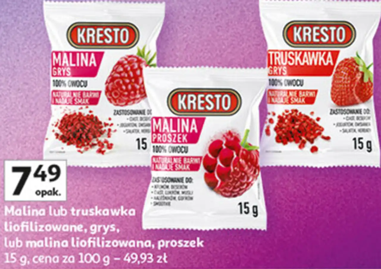 Malina lub truskawka liofilizowane, grys, lub malina liofilizowana, proszek Kresto 15 g