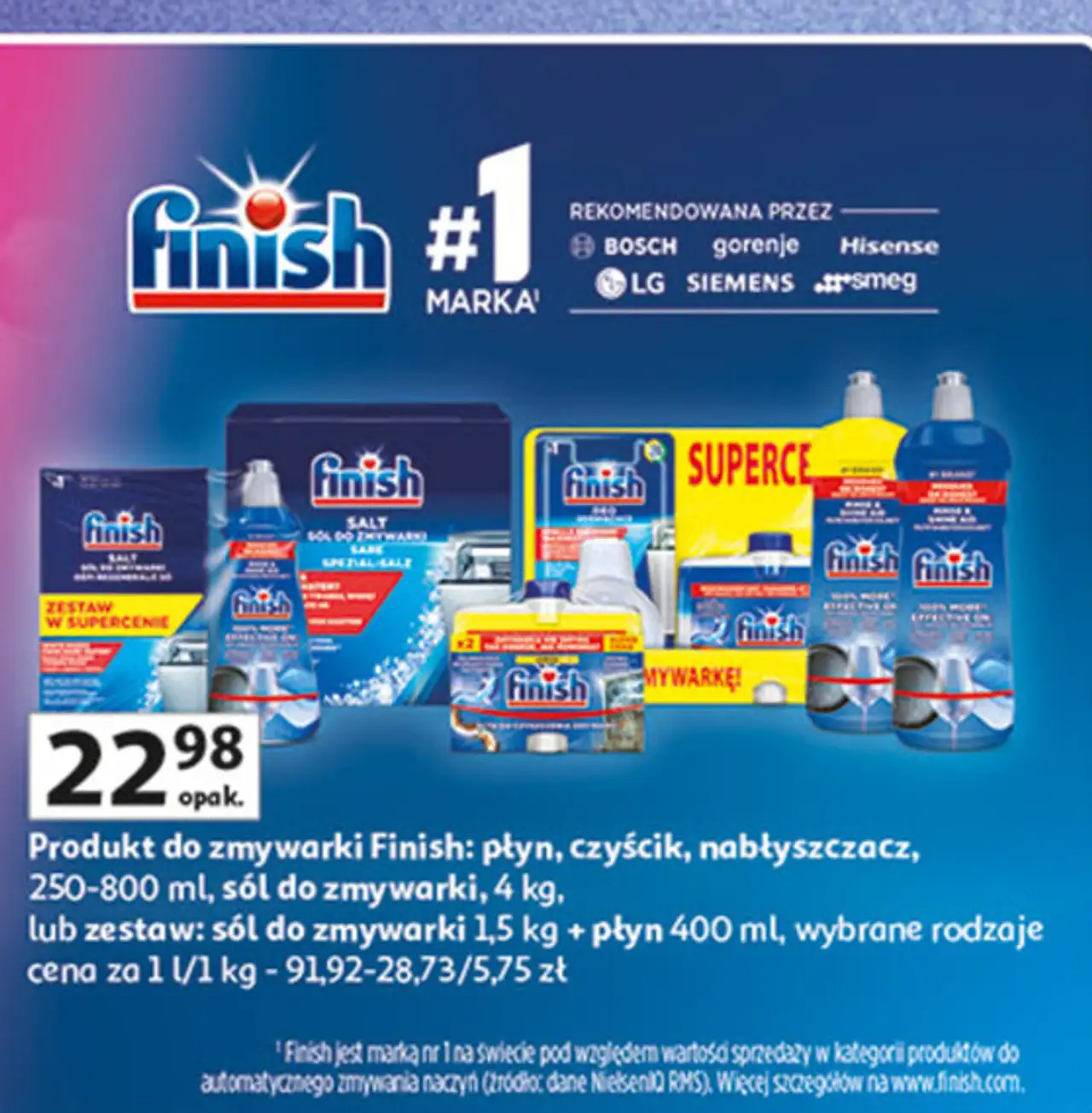 Produkt do zmywarki Finish: płyn, czyścik, nabłyszczacz, 250-800 ml, sól do zmywarki, 4 kg, lub zestaw: sól do zmywarki 1,5 kg + płyn 400 ml, wybrane rodzaje